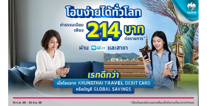 กรุงไทยจัดโปรสุดคุ้ม โอนเงินต่างประเทศผ่าน Krungthai NEXT และสาขา ค่าธรรมเนียมเพียง 214 บาท
